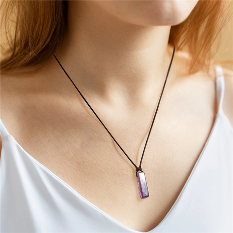 Collana con Pendente in Pietra Naturale Rettangolare per Uomo Donna Cordino Regolabile Agata Ametista Cristallo Gioielli