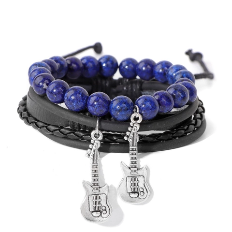 Men Vintage Multilayer Leather Guitar Bracelet Set Handmade Braided Rope Natural Stone Bead Wrap Wristband Rock Music Jewelry