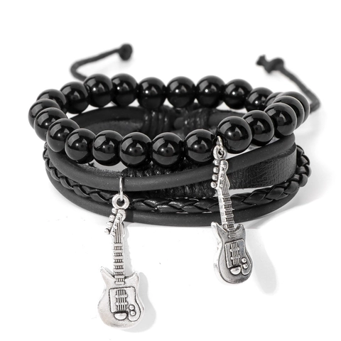 Men Vintage Multilayer Leather Guitar Bracelet Set Handmade Braided Rope Natural Stone Bead Wrap Wristband Rock Music Jewelry