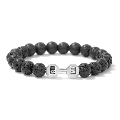 Fitness Dumbbell Beaded Bracelet For Men Women Natural Lava Stone Tiger Eye Agate Strength Inspirational Sporty Elastic Handmade Jewelry Bracelet
