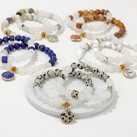 Naturstein Achat Doppelschichtige Perlenarmband Mit Vergoldetem Geometrischem Anhänger Handgefertigter Modeschmuck Für Damen