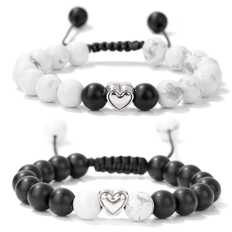 Adjustable Beaded Bracelet Set With Heart Charm White Turquoise Matte Stone Hand-woven Cord Bracelets Jewelry Gift For Couples Family
