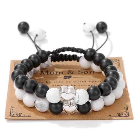Adjustable Beaded Bracelet Set With Heart Charm White Turquoise Matte Stone Hand-woven Cord Bracelets Jewelry Gift For Couples Family