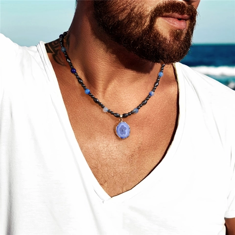 Vintage Handmade Beaded Hematite Necklace With Irregular Druzy Agate Stone Pendant Gold Edged Lucky Jewelry Gift For Men Women