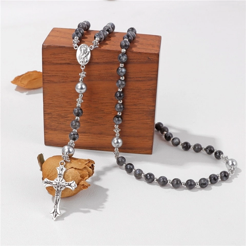 Vintage Natural Stone Beaded Rosary Necklace Alloy Jesus Cross Pendant Catholic Prayer Beads Religious Jewelry For Men Women