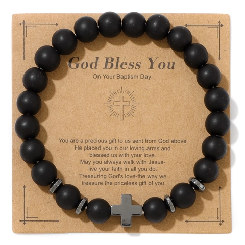 Religious Cross Beaded Bracelet For Men Women Glass Wood Beads Baptism Blessing Gift Retro Elastic Stretch Prayer Hand Jewelry