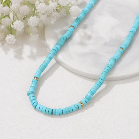 Bohemian Turquoise Handmade Beaded Necklace For Women Natural Stone Alloy Geometric Heishi Necklace With Extender Chain Fashion Jewelry