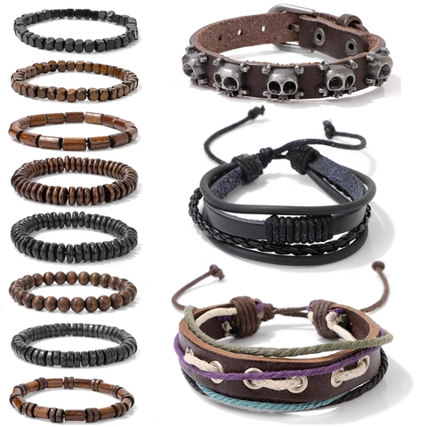 Bracciale in Pelle Intrecciata Retro Fatto a Mano per Uomo Donna Perline in Legno Teschio Piuma Ala Bracciale Punk Multistrato Regalo Gioielli