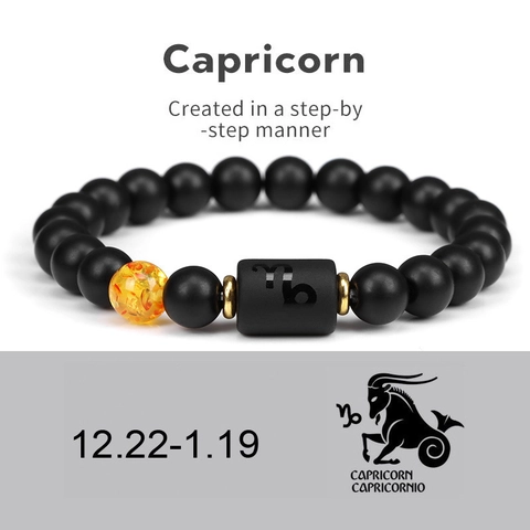 Bracciale in Pietra Naturale Agata Nera 12 Costellazioni dello Zodiaco per Uomo Donna Elastico Braccialetto Ariete Leone Regalo Gioielli
