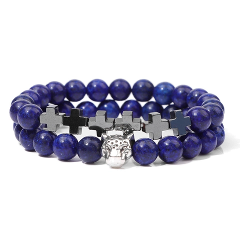 Set di Bracciali di Perline in Pietra Naturale da Uomo Con Testa di Leopardo in Lega E Ciondoli a Croce Cordino Elastico Gioielli