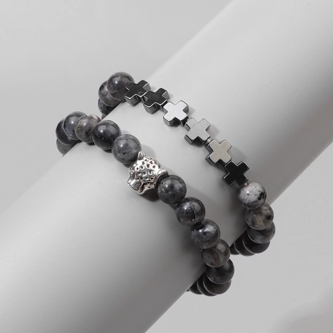 Set di Bracciali di Perline in Pietra Naturale da Uomo Con Testa di Leopardo in Lega E Ciondoli a Croce Cordino Elastico Gioielli