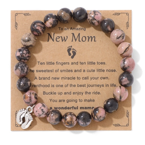 Natural Stone Beaded Bracelet With Silver Alloy Baby Foot Pendant New Mom Greeting Card Gift For Women Elastic Hand String