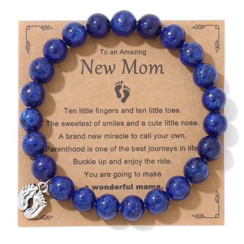 Natural Stone Beaded Bracelet With Silver Alloy Baby Foot Pendant New Mom Greeting Card Gift For Women Elastic Hand String