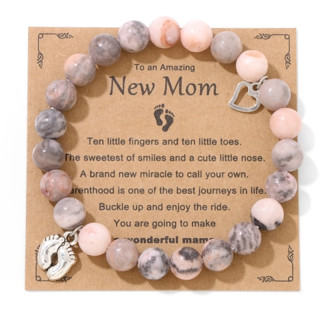 Natural Stone Beaded Bracelet With Heart Baby Feet Pendant New Mom Mother's Day Gift Handmade Elastic Jewelry Bracelet For Women