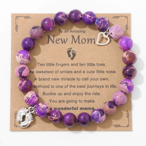 Natural Stone Beaded Bracelet With Heart Baby Feet Pendant New Mom Mother's Day Gift Handmade Elastic Jewelry Bracelet For Women
