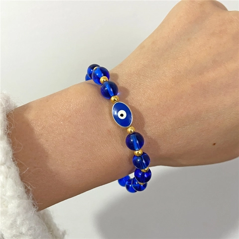 Braccialetto Etnico con Perline Malocchio per Uomo Donna Agata Naturale Pietra Lavica Lapislazzuli Bracciale Elastico Distanziatori in Lega d'Oro Regalo Gioielli
