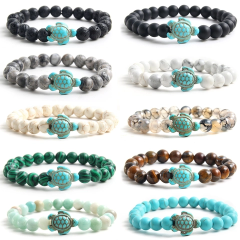 Naturstein Perlenarmband Mit Meeresschildkröte Anhänger Elastisch Dehnbar Lavagestein Tigerauge Yoga Strand Schmuck