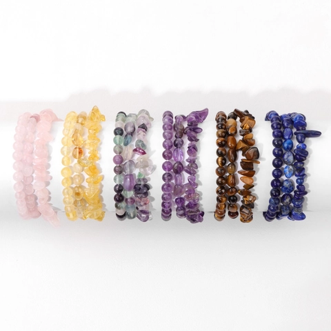Natural Crystal Stone Chips Bead Bracelet Set For Women 3-Piece Layered Amethyst Rose Quartz Citrine Elastic Stretch Bracelet
