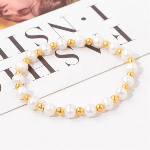 Bracelet Perle d'Eau Douce Irrégulière Fait à la Main Perles Plaquées Or pour Femmes Bijoux Élastiques Bohème Cadeau