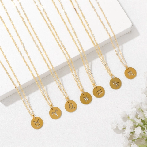 18K Gold Plated Stainless Steel Zodiac Sign Pendant Necklace Minimalist Hollow Round Coin Twelve Constellations Jewelry For Women