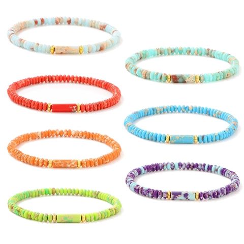 Pulsera de Cuentas de Jaspe Imperial de Aleación Bohemio para Mujer Vintage Geométrico Elástico Hecho a Mano Joyería de Moda Regalo