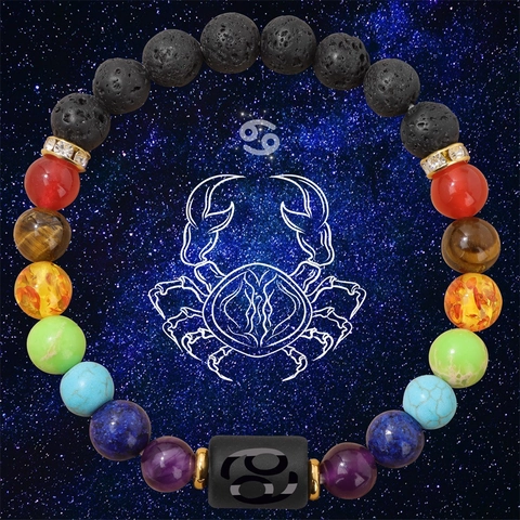 Braccialetto Fatto a Mano in Agata Naturale e Pietra Lavica 12 Segni Zodiacali Perle Multicolore 7 Chakra con Strass Elastico per Uomo Donna