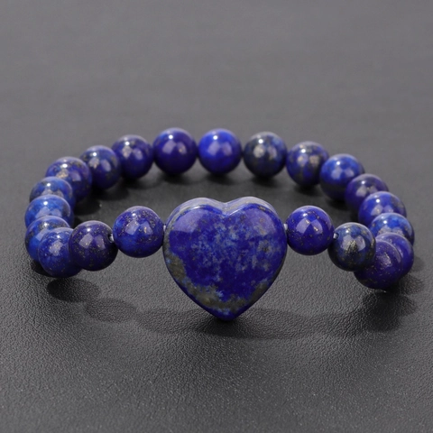 Naturstein Kristall Perlen Elastisches Armband Mit Großem Herzanhänger Amethyst Tigerauge Rosenquarz Lapislazuli Damen Schmuck