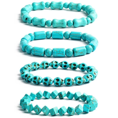Turquoise Beaded Bracelet For Women Men Vintage Ethnic Style Elastic Hand Chain With Skull Starfish Cross Pendant Jewelry Gift