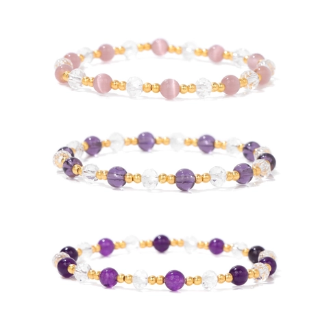 Bohemian Crystal Beaded Bracelet Trio For Women Amethyst Rose Quartz Citrine Elastic Bangle Fashion Jewelry Handmade Gift