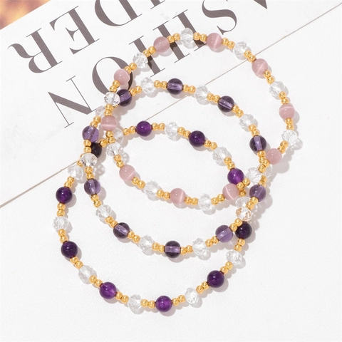 Bohemian Crystal Beaded Bracelet Trio For Women Amethyst Rose Quartz Citrine Elastic Bangle Fashion Jewelry Handmade Gift