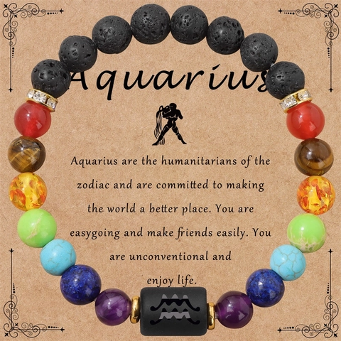 Braccialetto Fatto a Mano in Agata Naturale e Pietra Lavica 12 Segni Zodiacali Perle Multicolore 7 Chakra con Strass Elastico per Uomo Donna