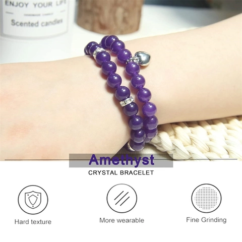 Natur Amethyst Kristallperlen Armband Doppellagig Heilung Gebet Herzanhänger Elastisches Armband Für Damen Schmuck Geschenk Mit Karte