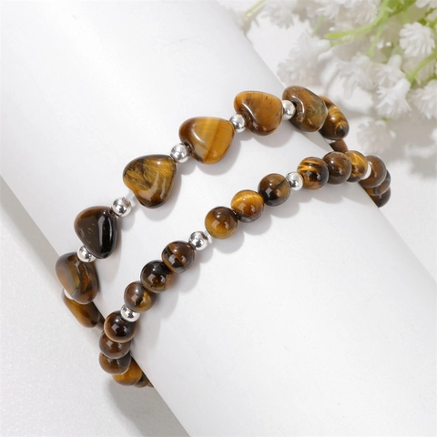 Handgefertigt Naturstein Herz Perlen Armband Set Für Damen Tigerauge Rosenquarz Lapislazuli Obsidian Elastische Handkette