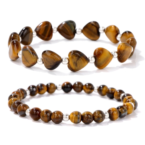 Handgefertigt Naturstein Herz Perlen Armband Set Für Damen Tigerauge Rosenquarz Lapislazuli Obsidian Elastische Handkette