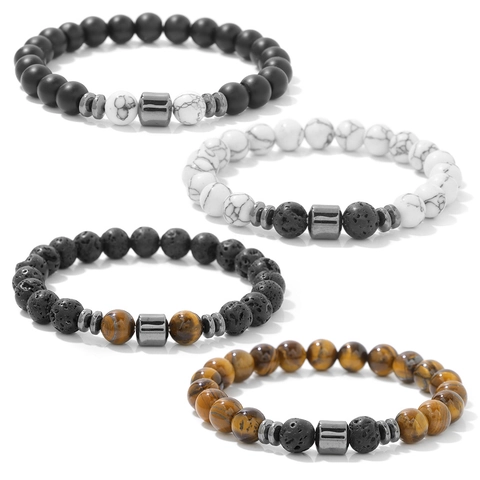 Juego de Pulseras de Cuentas para Hombre Piedra Natural Ojo de Tigre Piedra de Lava Ágata Howlita Pulsera Elástica Hecha a Mano Joyería para Hombre