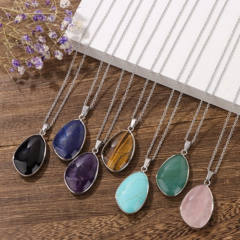 Collana con Ciondolo in Pietra Naturale a Goccia d'Acqua Catena in Acciaio Inossidabile Ametista Quarzo Rosa Gioielli per Donna
