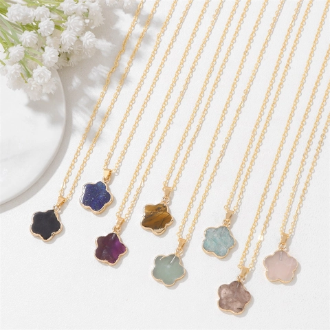 Stainless Steel O-Chain Necklace For Women Gold Plated Natural Amethyst Clover Flower Pendant Fashion Jewelry Birthday Gift