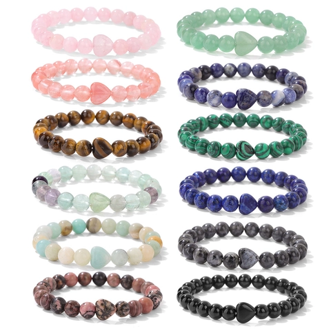 Natural Stone Heart Bead Elastic Bracelet Rose Quartz Tiger Eye Malachite Lapis Lazuli Healing Crystal Beaded Bracelet For Men Women Birthday Jewelry Gift