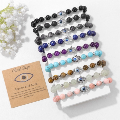 Bracelet de Perles Vintage Mauvais Œil Main de Fatma pour Femmes Hommes Pierre Naturelle Main de Fatma Élastique Amulette de Protection Bijoux Cadeau