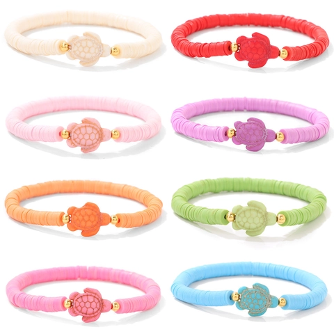 Bohemian Colorful Heishi Beads Turtle Bracelet For Women Summer Beach Dopamine Polymer Clay Stretch Bracelet Alloy Jewelry
