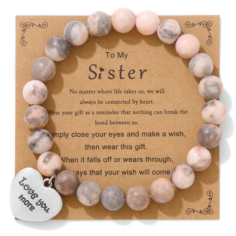Natural Stone Beaded Bracelet With Stainless Steel Heart Pendant Love You More Engraved Charm Message Card Jewelry Gift