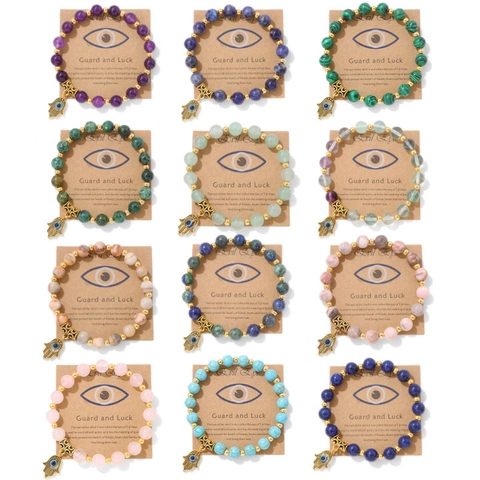 Bracelet en Perles d'Agate Pierre Naturelle Pendentif Main de Fatma Mauvais Œil Élastique Amulette Bohème Bijoux Femmes