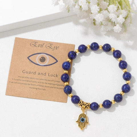 Bracelet en Perles d'Agate Pierre Naturelle Pendentif Main de Fatma Mauvais Œil Élastique Amulette Bohème Bijoux Femmes