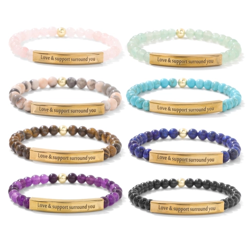 Natural Stone Stainless Steel Beaded Bracelet Love Support Surround You Engraved Bar Stretch Bracelet For Women Men Gift Jewelry