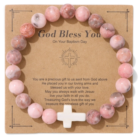 Naturstein Perlen Kreuz Armband Mit Segenskarte God Bless You Taufe Religiöser Schmuck Geschenk Für Damen Herren