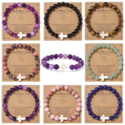 Naturstein Perlen Kreuz Armband Mit Segenskarte God Bless You Taufe Religiöser Schmuck Geschenk Für Damen Herren