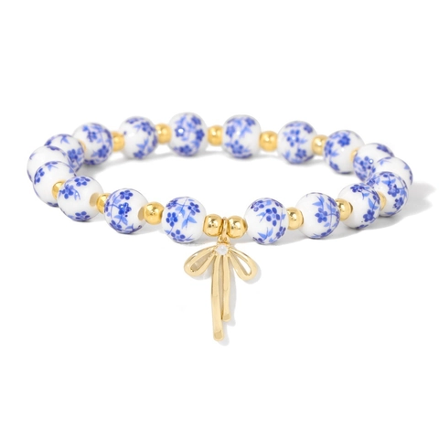 Vintage Blumen Perlenarmband Für Damen Blau Und Weiß Porzellan Stil Schleife Herz Anhänger Elastisches Armband Schmuck