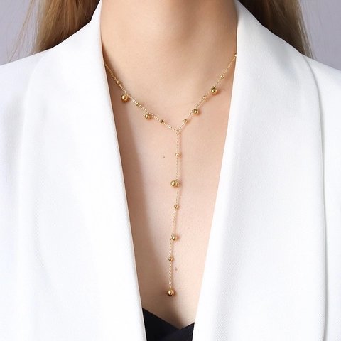 304 Stainless Steel Lariat Necklace 18K Gold Plated Beaded Y Shape Dainty Long Chain Tassel Jewelry For Women
