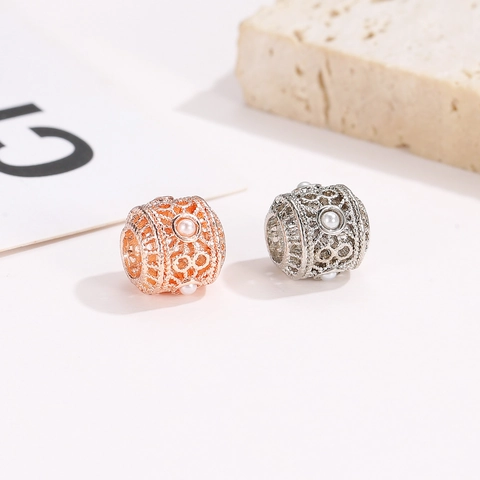 Hollow Floral Alloy Charm Bead With Faux Artificial Pearl Infinity Symbol Round Spacer Bead For DIY Bracelet Jewelry Accessories