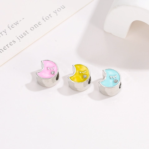 Alloy Enamel Moon Charms For DIY Jewelry Making Large Hole Beads Crescent Moon Beads With Rhinestone For Bracelet Making